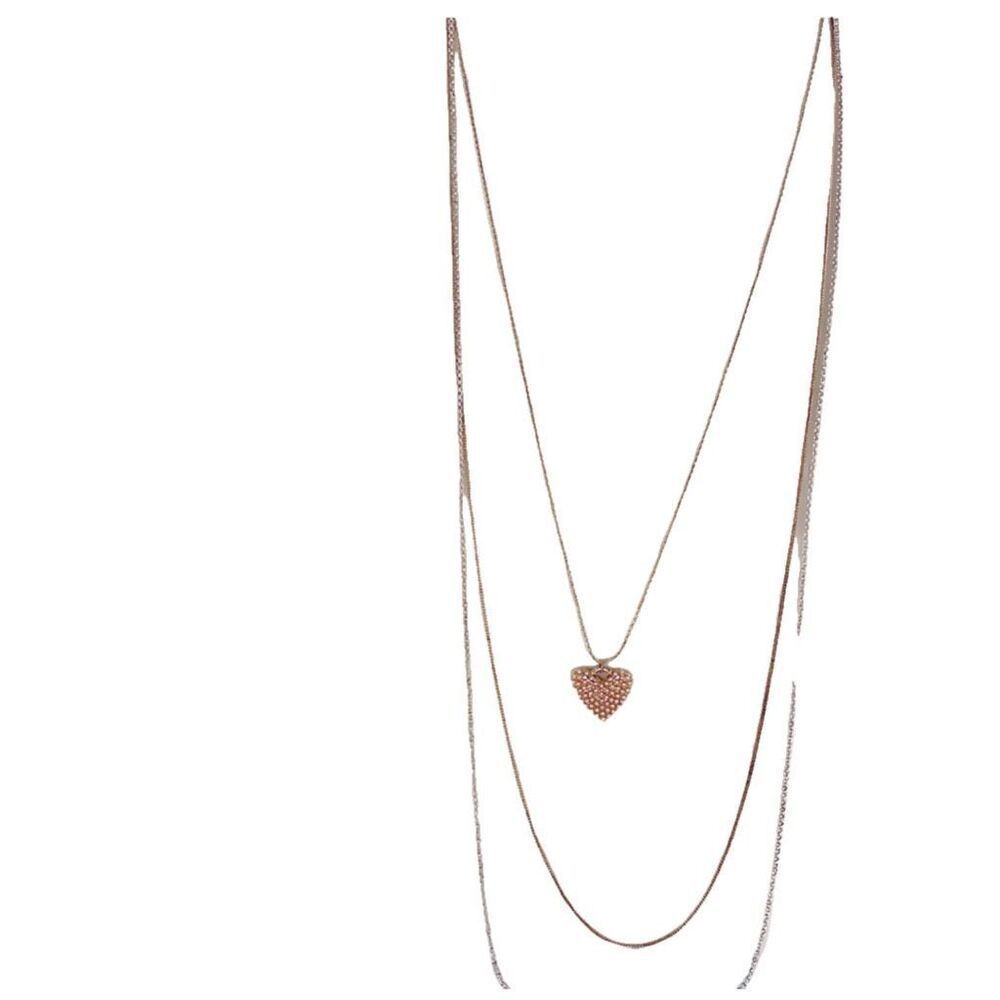 Long three strand necklace with pearl covered heart pendant.